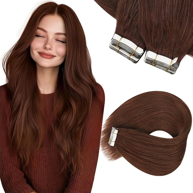 Sunny Hair Tape in Hair Extensions Human Hair, 22inch 40Pcs Auburn Brown Human Hair Tape in Extensions Remy Invisible Tape ins Human Hair Extensions Straight