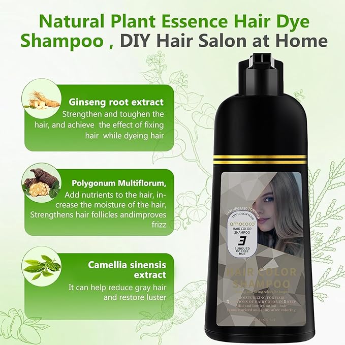 Hair Dye Shampoo, 3 in 1 Gray Hair Coverage, One-Step Wash-In Hair Dye, Shampoos for Color Treated Hair, Semi Permanent Hair Color Shampoo for Women & Men, 13.6 fl. oz, (Subdued Coffee Hue)