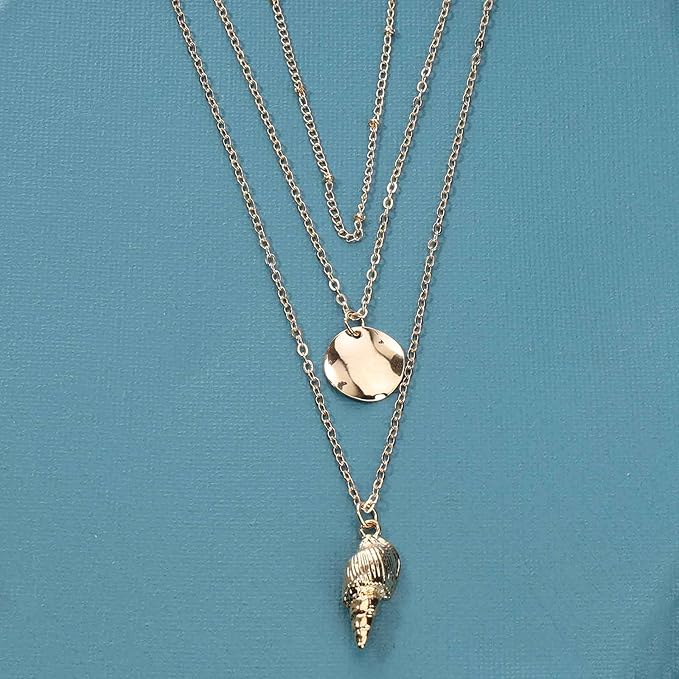 Bohemia Layered Seashell Necklace Choker Gold Coin Disc Pendant Necklace Chain Conch Shell Necklace Handmade Beachy Necklace Jewelry for Women and Girls