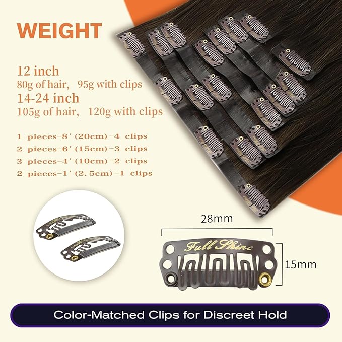 Full Shine Human Hair Clip in Extensions 12 Inch Clip in Hair Extensions Balayage Dark Brown Ombre to Light Brown with Blonde Remy Hair for Style 8 PCS 95 G