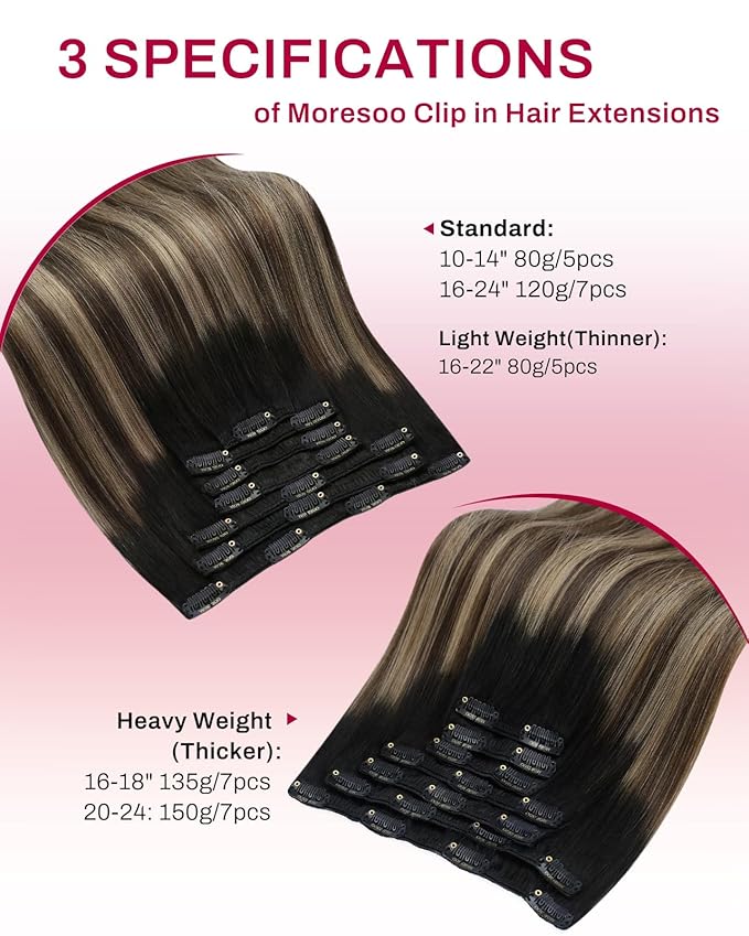 Moresoo Clip in Human Hair Extensions Balayage Straight Double Weft Human Hair Clip in Extensions Ombre Off Black Fading to Brown Mixed Dark Golden Blonde 7pcs/150g 20inch