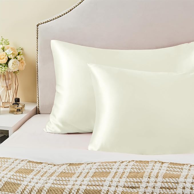 BEDELITE Satin Pillowcase with Zipper, Ivory King Size Pillow Cases Set of 2, Super Soft and Cooling Similar to Silk Pillow Cases, Gift for Women Men(20x36 Inches)
