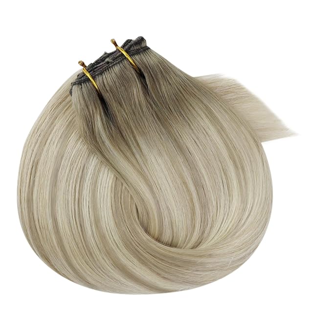 Ve Sunny Hair Extensions Clip in Real Human Hair Ombre Ash Grey Balayage Platinum Blonde Double Weft Remy Straight Human Hair Extensions Clip ins for Women 7pcs 120g 22 inch