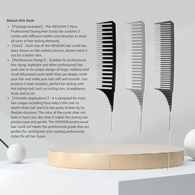 SKYPIA 3 Piece Professional Dyeing Hair Comb Set with Long Stainless Steel Rat Tail Combs for Hair Stylists, Weaving Styling Brush Set (Black & Grey)