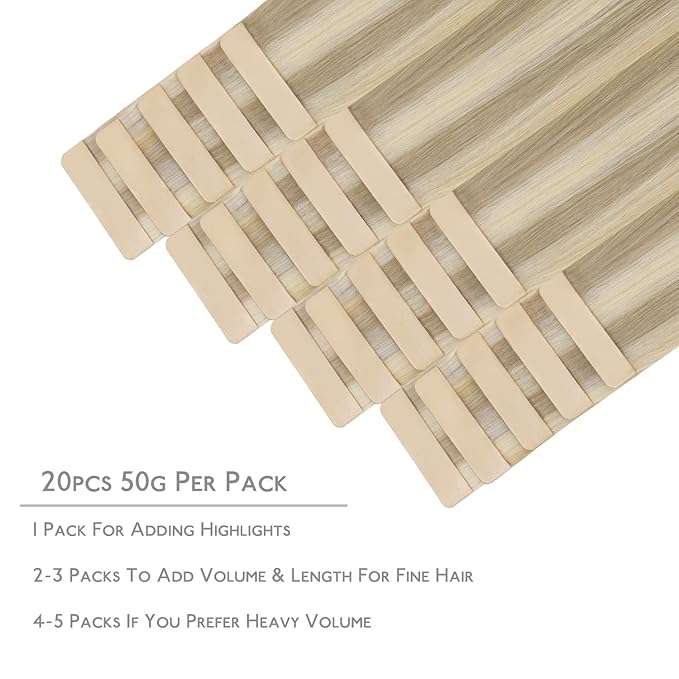 WENNALIFE Tape in Hair Extensions, 20pcs 20 Inch 50g Ash to Golden and Platinum Blonde Remy Human Hair, Coloured