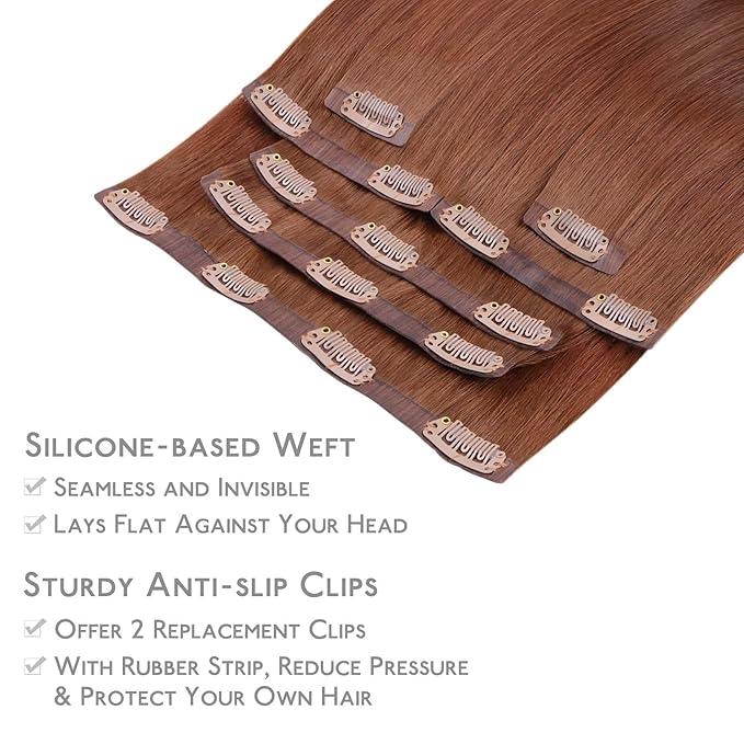 WENNALIFE Seamless Clip In Hair Extensions Human Hair, 22 Inch 150g 7pcs Dark Auburn Copper Real Hair Extensions Clip in Human Hair Invisible PU Skin Weft Natural Remy Human Hair Extensions