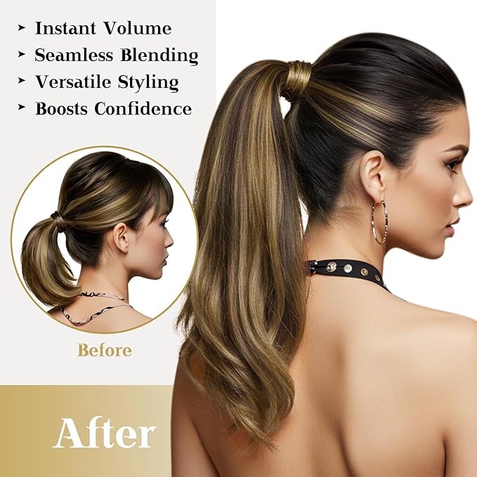 Ve Sunny Hair Extensions Ponytail Real Human Hair Wrap Around Clip in Ponytail Hair Extensions Straight Extensions Human Hair for Women Black Ombre Dark Brown Balayage Caramel Blonde 16inch 80G