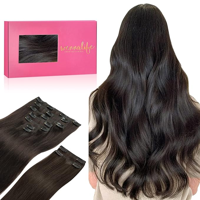 WENNALIFE Clip in Hair Extensions, 150g 22 Inch 9pcs Dark Brown Remy Hair Thicker Double Weft Extensiones De Cabello Humano Con Clip Ins Straight Full Volume