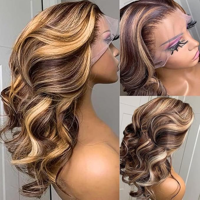 AMIRTY Highlight Ombre Lace Front Wig Human Hair 20 Inch Honey Blonde Body Wave 13x4 HD Lace Front Wigs Human Hair Pre Plucked 250 Density Brown 4/27 Colored Lace Frontal Glueless Wigs for Women