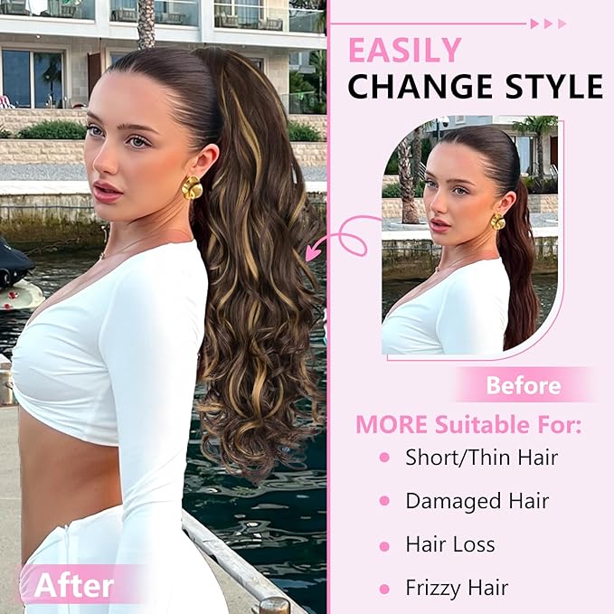 ALXNAN Ponytail Extension,24 Inch Claw Clip in Long Curly Wavy Dark Brown with Golden Blonde Ponytail Hair Extension Jaw Clip on Pony Tails Hairpiece for Women