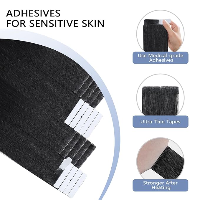 COOKAYU Invisible Tape in Human Hair Extensions, Tape in Extensions Jet Black 22Inch 50g 20pcs Injected Tape Human Hair Seamless Invisi Edge