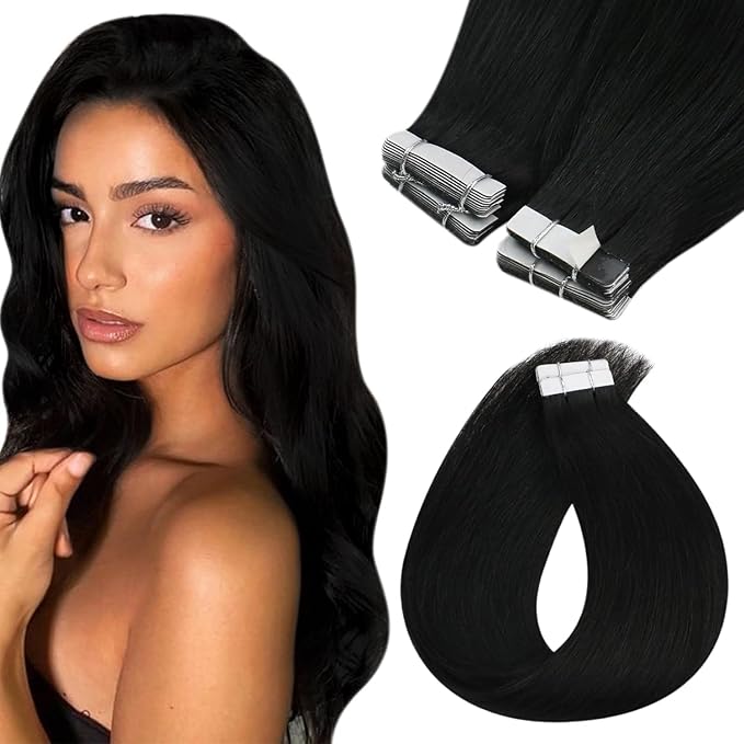 Sunny Hair Tape in Hair Extensions Human Hair 20inch Hair Extensions Real Human Hair Tape in Extensions for Women Solid Black Virgin Hair Natural Straight Skin Weft Double Sided Tapes 20Pcs 50g