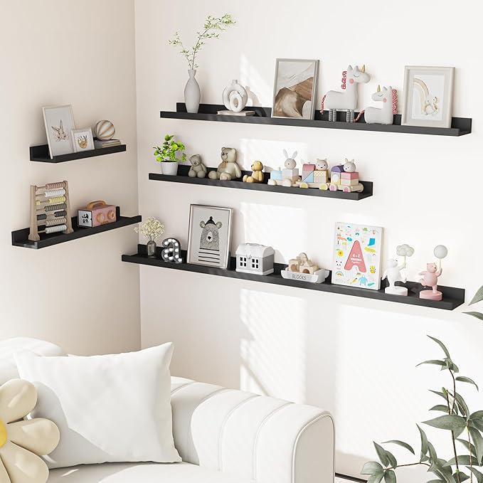 Heimlove Picture Ledge Shelf, Floating Shelves Set of 2, 36 Inches Picture Shelf for Wall with Ledge, Kids Bookshelf Wall Mounted for Living Room Bedroom Decor Books Photo Frames - Black