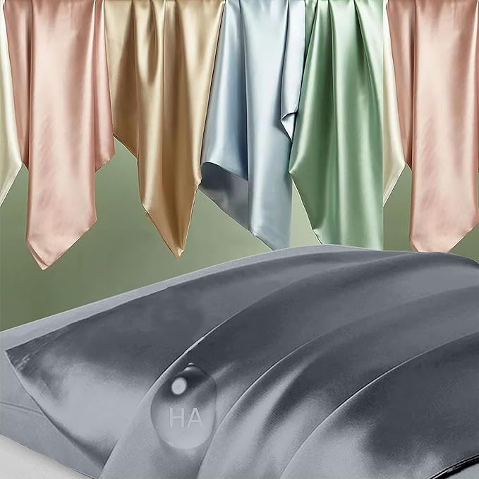 Silk Pillow Cases 2 Pack, Mulberry Silk Pillowcases Standard Set of 2, Smooth, Anti Acne, Both Sides Natural Silk Satin Pillow Cases for Sleeping Women 2 Pack with Zipper, Space Grey