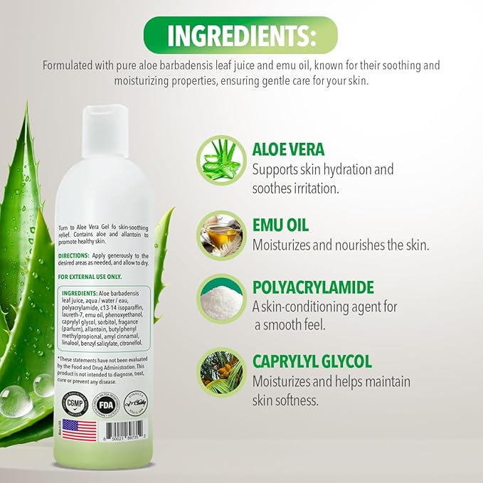 Dr. Robaina Natural Aloe Vera Gel with Emu Oil – Hydrating & Soothing Daily Skin Care for Dry Skin, Sun-Exposed Comfort & Irritation Relief – Non-Greasy, Quick-Absorbing – 12 oz | Made in USA