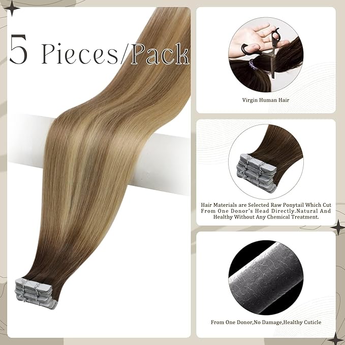 Full Shine Virgin Injection Tape in Hair Extensions Human Hair 10Gram 5Pcs Color 3/8/22 Brown And Blonde Injected Tape ins Human Hair Extensions Seamless Skin Weft 16Inch Intact Human Hair