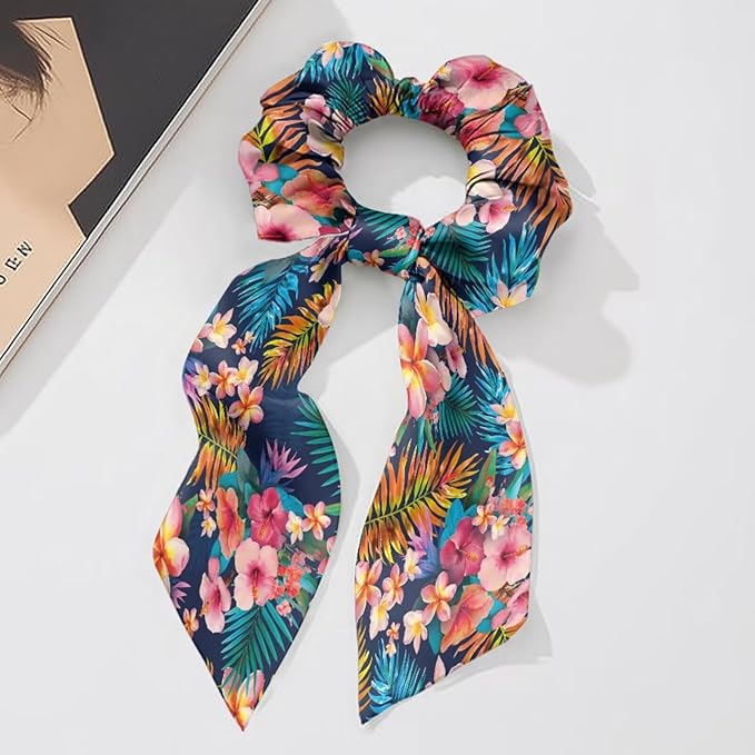 Colorful Tropical Floral Elastic Hair Band with Ribbon Womens Scarf Scrunchies Long Hair Ties Casual Knotted Bow No Damage Pack Of 2