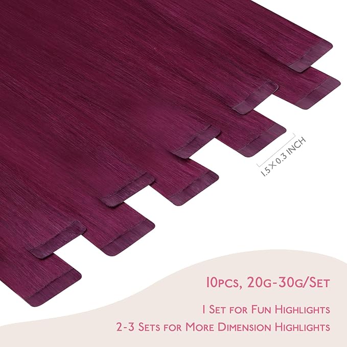 WENNALIFE Tape in Hair Extensions Human Hair Light Burgundy Tape in Extensions, 10pcs 30g 26 inch Remy Invisible Tape Ins Straight Colored Soft Real Human Hair Tape in Extensions Refill Set Extensions