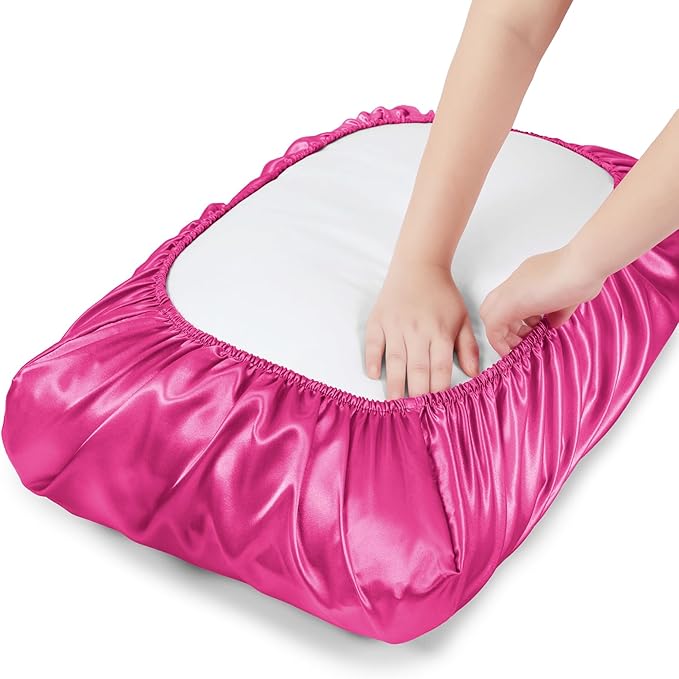 SiinvdaBZX Hot Pink Satin Pillowcase Standard/Queen Size Set of 2, Silky Travel Elastic Band Satin Pillow Case for Hair and Skin, Soft Portable & Fit for Various Pillow
