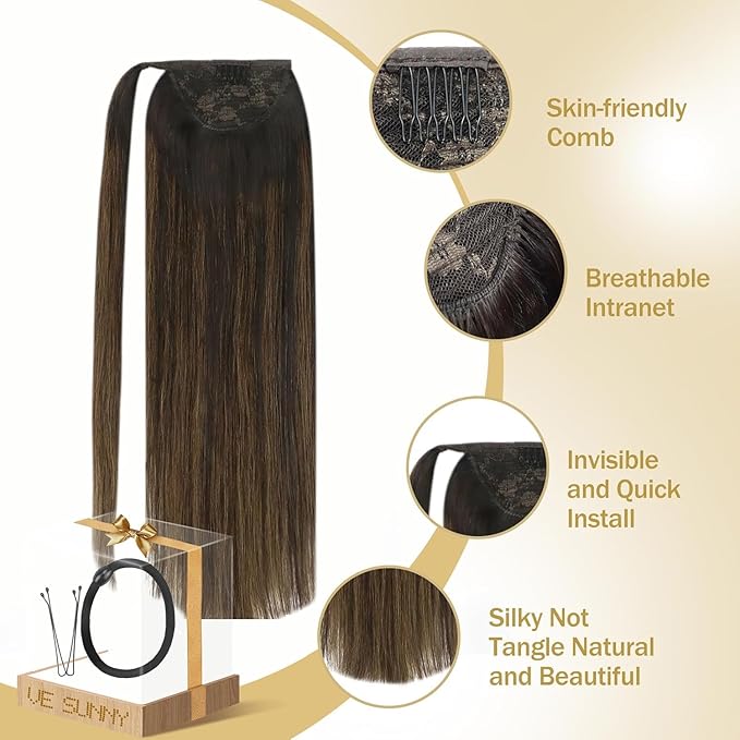 Ve Sunny Hair Extensions Ponytail Real Human Hair Wrap Around Clip in Ponytail Hair Extensions Straight Extensions Human Hair for Women Dark Brown Dark Brown Balayage Chestnut Brown 22inch 80G