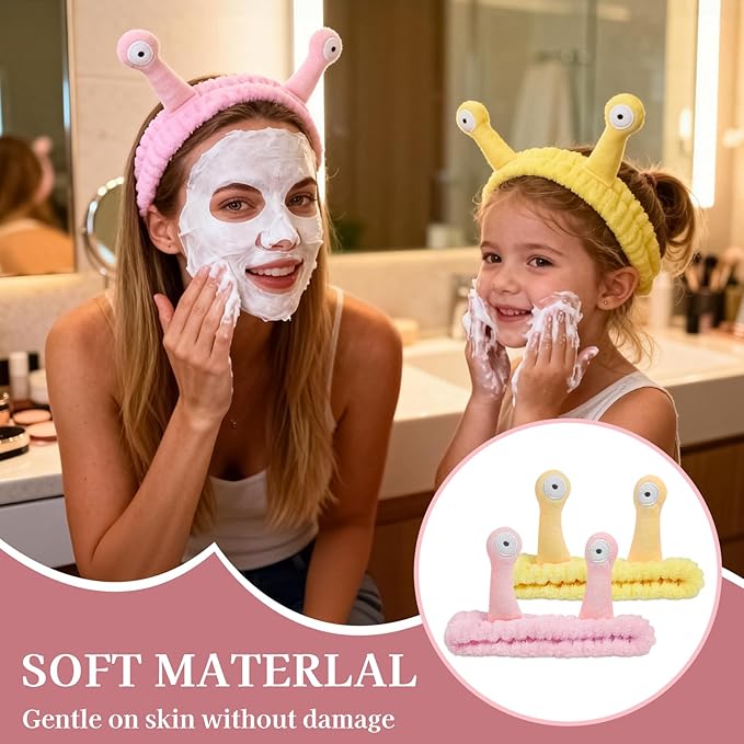 Snail Face Wash Headband Skincare & Wrist Bands for Washing Face Set Cute Spa Headband for Women and Wrist Faces Wash Bands for Shower, Facial Cleaning, Soft Coral Fleece Makeup Headbands,Yellow＆Pink