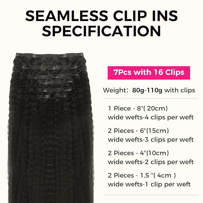 Lashey Seamless Clip in Hair Extensions Human Hair Kinky Straight 110g 24 Inch Clip in Hair Extensions Real Human Hair Natural Black Soft Invisi Edge for Women