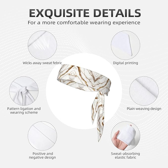 Men Women Fashion Sports Sweat Band Hair Accessories for Sports Workout Shower, Long Multifunction Gold White Marble Art Head Ribbon Headwear
