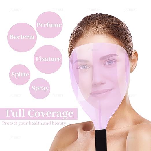AUEAR, Hair Salon Hairspray Face Shield Haircut Cover Plastic Protector Mask for Hairstylist Makeup Coloring (2 Pack Pink & Clear)