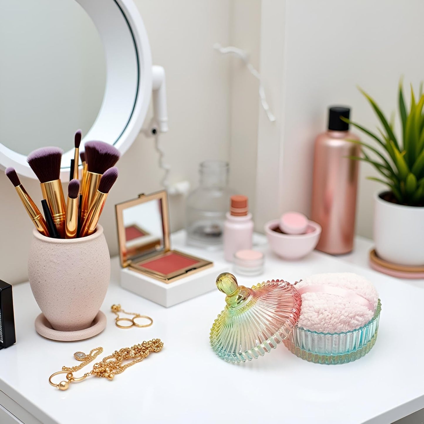 Extra Large Body Powder Puff and Container - Vintage Glass Dusting Powder Container with Soft Puff for Women & Girls (5.9x5.9x5.9 IN)-GRB010-Colorful-A