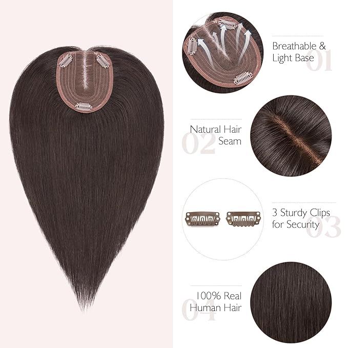 Hairro 100% Human Hair Topper No Bangs, Real Clip in Hair Hairpieces for Women, 3.94x4.72" Silk Base for Thinning Receding High Hairline, 10 Inch Natural Black Middle Part