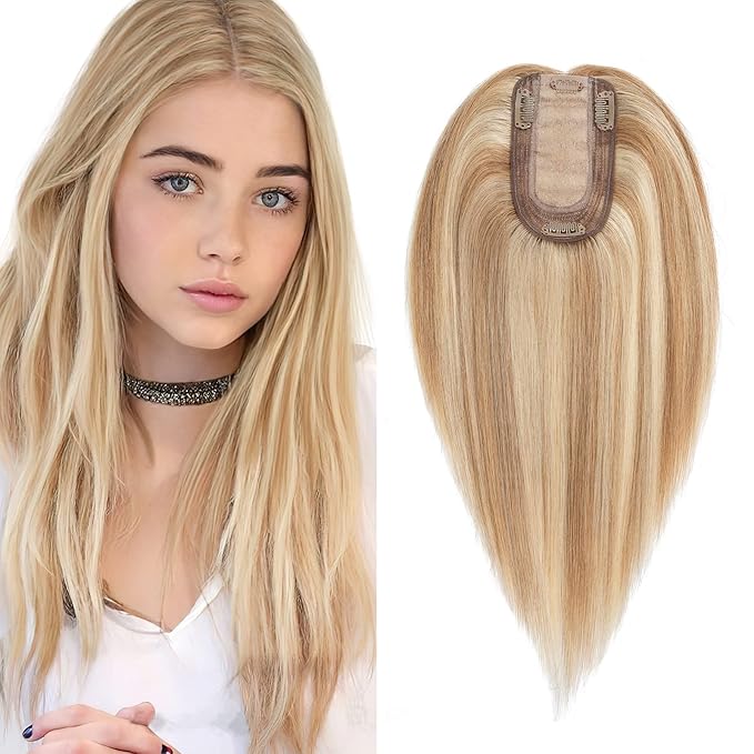 SEGO Hair Topper for Women, No Bangs Real Human Hair Topper with Anti-Slip Clips (8 Inch#12/613 Golden Brown Mix Bleach Blonde)
