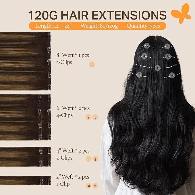 DOORES Remy Human Hair Extensions Clip in Balayage Dark Brown to Chestnut Brown Real Clip in Hair Extensions Straight 120g Thick Natural Hair Extensions 22 Inch 7pcs