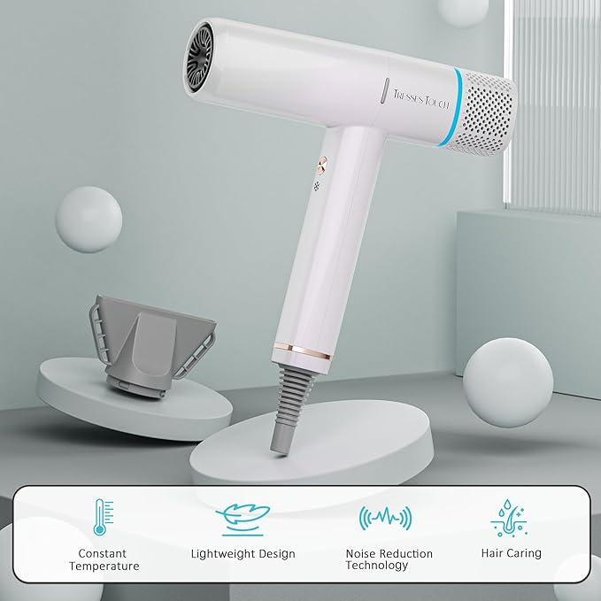 Ionic Hair Dryer with Diffuser and Concentrator, Professional Lightweight Quiet Blow Dryer, Powerful 1600 Watt Motor for Fast Drying and Straight & Wavy Hair, 3 Temps/2 Speeds, 6.56 Ft Cord, White