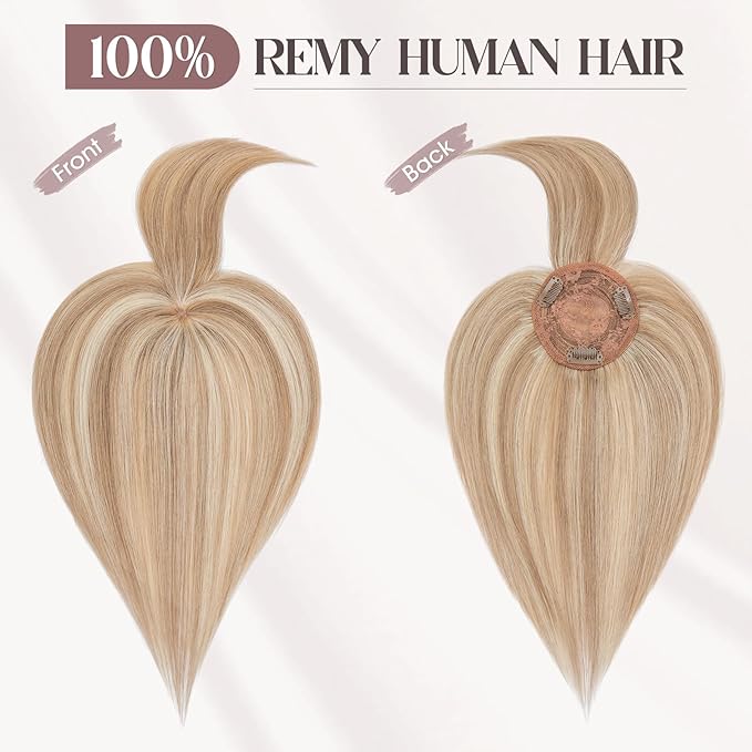 MY-LADY Human Hair Toppers for Women Real Human Hair with Bangs Thin 8.5 * 8.5CM Mono Base Clip in Remy Hairpieces Light Weight 12 Inch Golden Brown Mixed Bleach Blonde