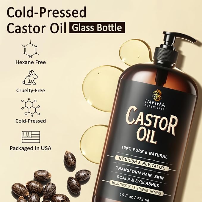 Pure Cold Pressed Castor Oil - Hexane Free, Glass Bottle for Hair Growth, Face, Scalp, Skin & Eyelashes - Nourishing and Moisturizing - 16 fl oz