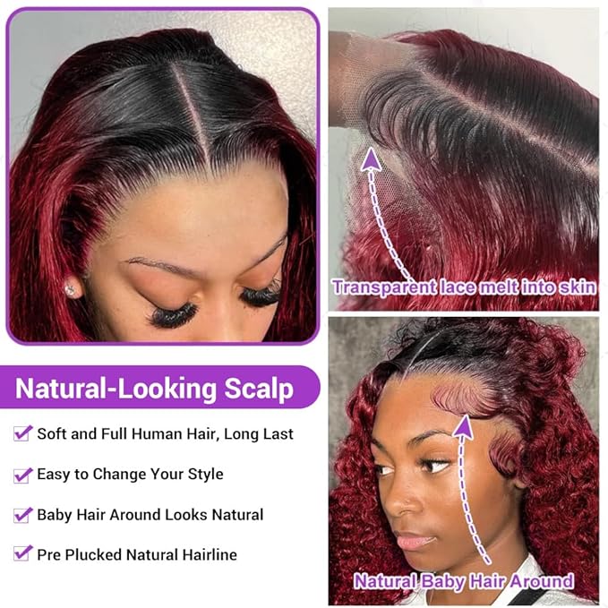 AMIRTY 250 Density Drawstring Wig Human Hair Burgundy Deep Wave Lace Front Wigs Human Hair Pre Plucked Wigs 13x6 1B/99J Water Wave Human Hair for Women 13x6 HD Burgundy Deep Human Hair Wig 24Inch