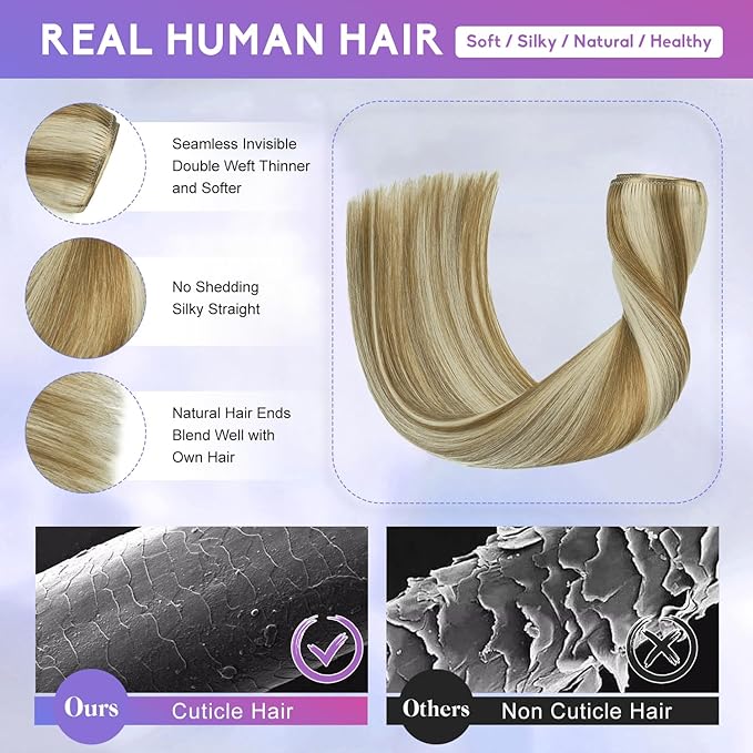 Blonde Clip in Hair Extensions Real Human Hair, 20 Inch 105g Natural Human Hair, Remy Human Hair Extensions Cip ins for Women 8pcs Per Set #16/22 Light Blonde Highlighted Golden Blonde