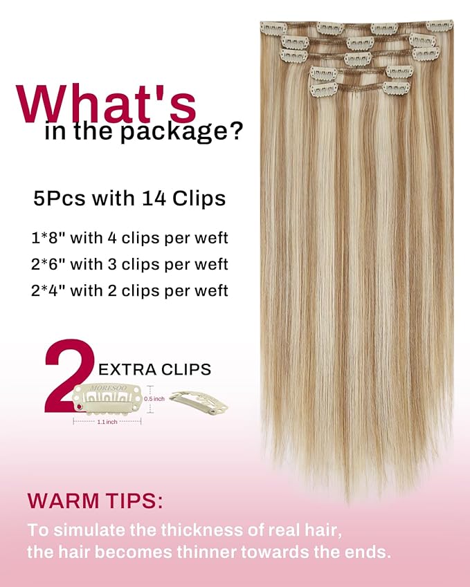 Moresoo Clip in Hair Extensions Brown with Blonde Highlights Remy Human Hair Clip in Extensions Medium Brown with Golden Platinum Blonde for Women Short 80g/5pcss 14 inch Double Weft