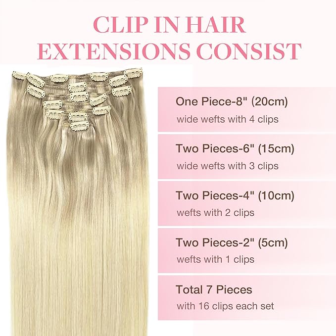 GOO GOO Clip in Hair Extensions Real Human Hair, Remy Human Hair Extensions Clip ins for Women, Natural Human Hair, 16inch 120g 7Pcs, 17/22/60 Balayage Ash Blonde and Platinum Blonde
