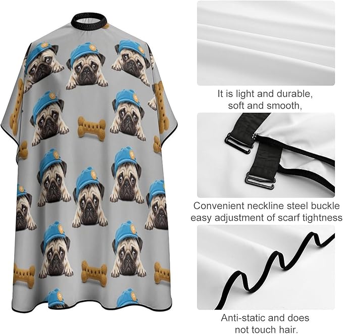 Adults Cute Hat Pug Dog Hair Styling Cape Large, Long Haircut Apron for Hair Cutting Styling, Easy Clean
