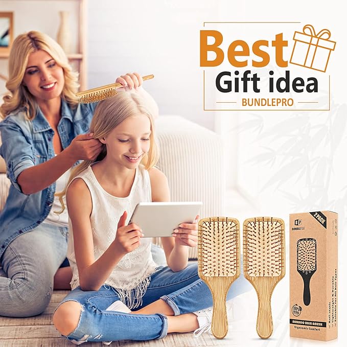 Pack of 2 Hair Brush with Natural Boar Bristles, Massages Scalp Anti-Static Hair Detangle for All Types, Lightweight (Paddle)