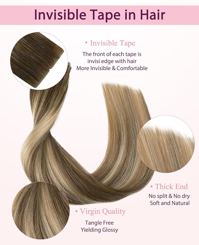 Pinkpearl Invisible Tape in Hair Extensions Human Hair, 20pcs 20inch 55g #3/8/22 Balayage Walnut Brown to Ash Brown and Golden Blonde Injection Tape in Extensions Real Remy Human Hair Injected