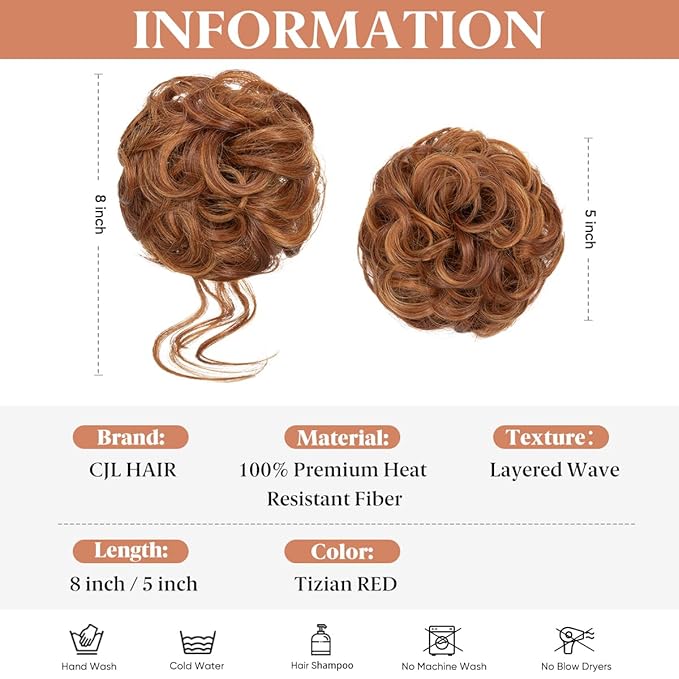 CJL HAIR 2PCS Messy Bun Hair Pieces Wavy Curly Synthetic Updo Chignon Fake Scrunchies Ponytail Extension for Women Tizian Red