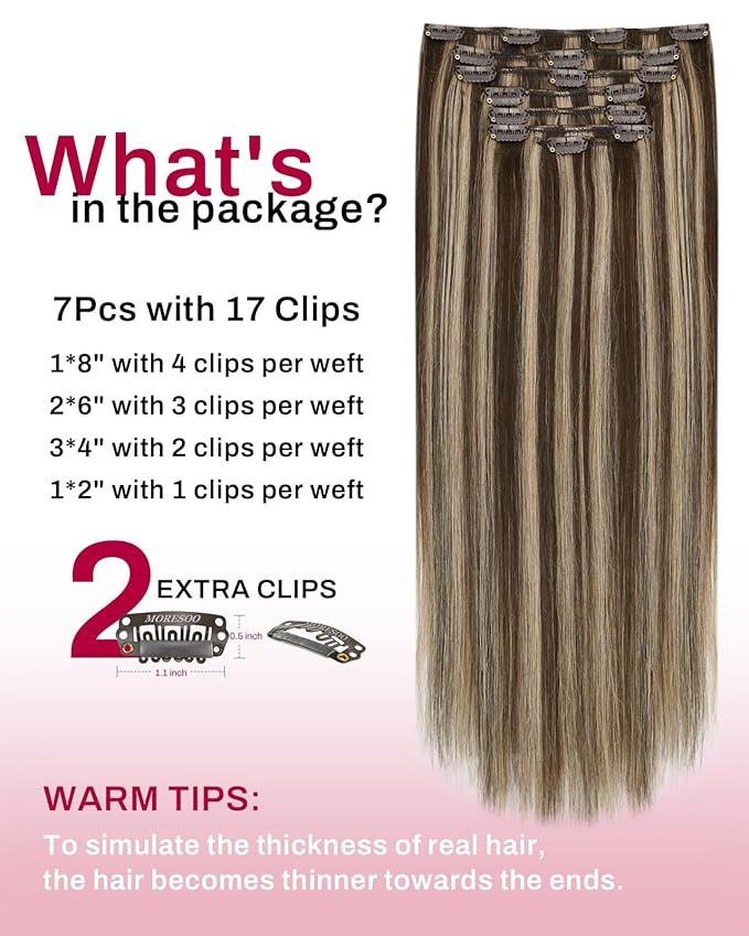 Moresoo Clip in Hair Extensions Dark Brown with Caramel Blonde Highlight Hair Extensions Real Human Hair Clip ins Brown Highlighted Full Head 7Pcs 120Grams 18inch