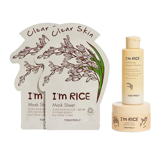 TONYMOLY I'm Rice Clarifying Skincare Set – 3-Step Face Care for Clear, Hydrated Skin – Includes Enzyme Powder Cleanser, Blemish Mask & Nourishing Sheet Masks – Gentle Exfoliation & Oil Control