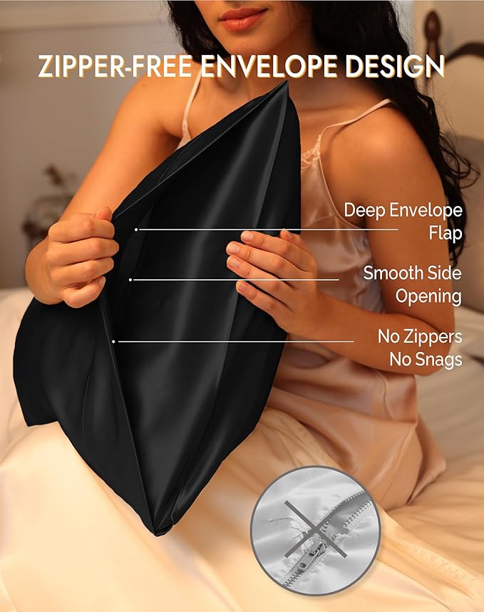 SilkSilky 100% Mulberry Silk Pillowcase - Pure 22 Momme High-Grade 6A Fibers for Hair & Skin, Envelope Closure, Natural, Organic, Breathable & Cooling Pillow Case (Standard, Black)