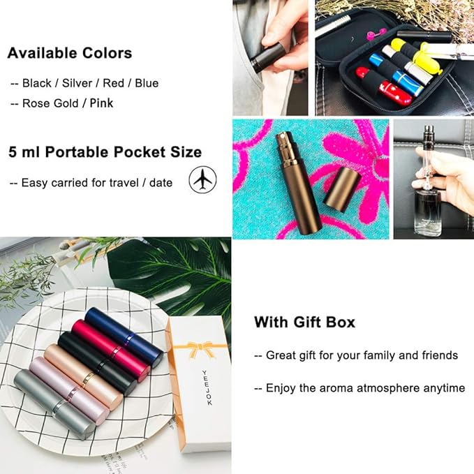 YEEJOK Travel Essentials for Women & Men - Refillable Perfume Bottles, Atomizer Spray Container, Mini Portable Easy Pump Refilled 5ml Bottle for Flying, Purse, Vacation