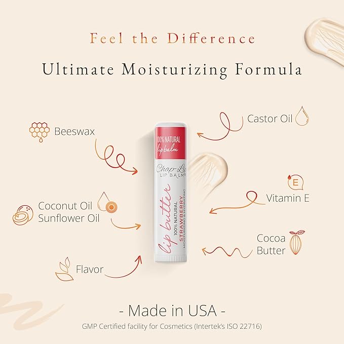 CHAP-LIP 100% All Natural Lip Balm Hydrating Bulk Chap Stick with Fruit Flavors, Coconut Oil, and Cocoa Butter - Lip Therapy Pack for Men and Women - Gift Set Made in the USA, 24 Pack