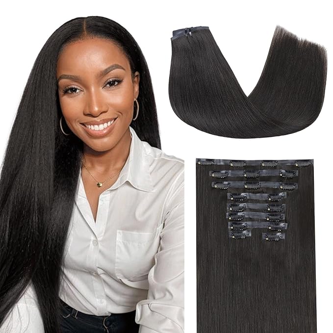 Lashey Seamless Clip in Hair Extensions Human Hair 9pcs 130g Natural Black Light Yaki Straight Clip in Hair Extensions Real Human Hair 16 Inch Soft