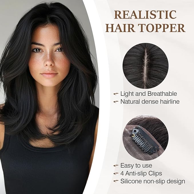 Rich Choices Hair Toppers for Women Real Human Hair 100% Human Remy Toppers NO Bangs for Women with Thinning on Top Clip in Hairpiece 4"x4.7"Lace Base 8 Inch #1B Natural Black
